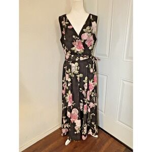 Tahari ASL Dress Womens 12 Black Pink Maxi Wrap Rose Floral Long Chiffon Burnout